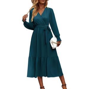 imagePRETTYGARDEN Womens Floral Boho Dress Fall Long Sleeve Wrap V Neck Ruffle Flowy Maxi Spring Wedding Guest Vacation DressesSolid Lake Blue