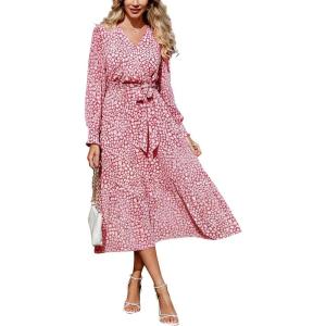 imagePRETTYGARDEN Womens Floral Boho Dress Fall Long Sleeve Wrap V Neck Ruffle Flowy Maxi Spring Wedding Guest Vacation DressesWine Red