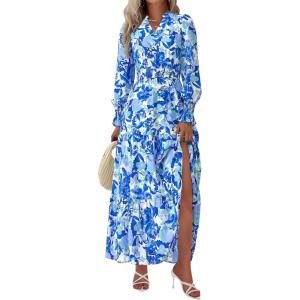 imagePRETTYGARDEN Womens Floral Maxi Dress 2025 Fall Long Sleeve V Neck Casual A Line Long Flowy Boho Party DressesFloral Blue