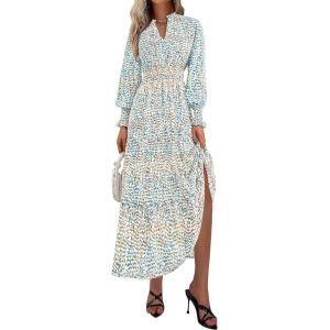 imagePRETTYGARDEN Womens Floral Maxi Dress 2025 Fall Long Sleeve V Neck Casual A Line Long Flowy Boho Party DressesFloral Blue White