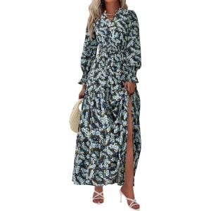 imagePRETTYGARDEN Womens Floral Maxi Dress 2025 Fall Long Sleeve V Neck Casual A Line Long Flowy Boho Party DressesFloral Blue Yellow