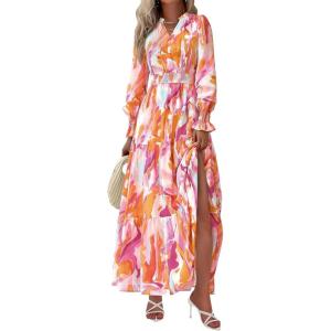 imagePRETTYGARDEN Womens Floral Maxi Dress 2025 Fall Long Sleeve V Neck Casual A Line Long Flowy Boho Party DressesFloral Brown Purple