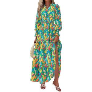 imagePRETTYGARDEN Womens Floral Maxi Dress 2025 Fall Long Sleeve V Neck Casual A Line Long Flowy Boho Party DressesFloral Green
