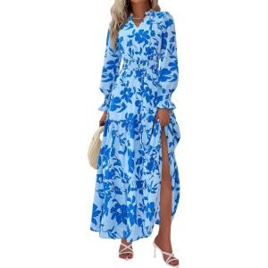 imagePRETTYGARDEN Womens Floral Maxi Dress 2025 Fall Long Sleeve V Neck Casual A Line Long Flowy Boho Party DressesFloral Light Blue