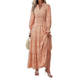 imagePRETTYGARDEN Womens Floral Maxi Dress 2025 Fall Long Sleeve V Neck Casual A Line Long Flowy Boho Party DressesFloral Orange