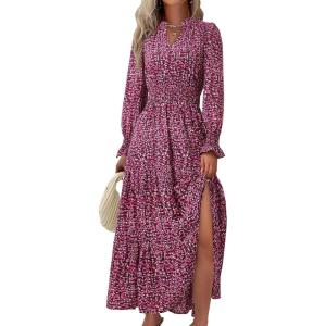 imagePRETTYGARDEN Womens Floral Maxi Dress 2025 Fall Long Sleeve V Neck Casual A Line Long Flowy Boho Party DressesFloral Red Black