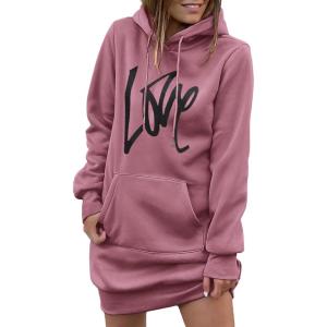 imagePRETTYGARDEN Womens Hooded Sweatshirt Fall Fashion Drawstring Lightweight Long Sleeve Pullover Hoodie DressBean Paste Pink