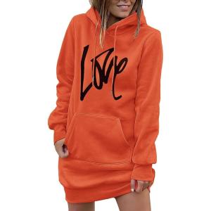 imagePRETTYGARDEN Womens Hooded Sweatshirt Fall Fashion Drawstring Lightweight Long Sleeve Pullover Hoodie DressOrange