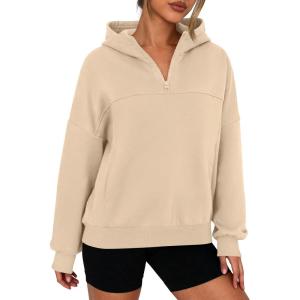 imagePRETTYGARDEN Womens Hoodies Cropped Fleece Sweatshirts 2025 Fall Fashion Quarter Zip Pullover Long Sleeve Tops Winter ClothesApricot