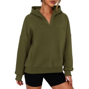 imagePRETTYGARDEN Womens Hoodies Cropped Fleece Sweatshirts 2025 Fall Fashion Quarter Zip Pullover Long Sleeve Tops Winter ClothesArmy Green