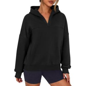 imagePRETTYGARDEN Womens Hoodies Cropped Fleece Sweatshirts 2025 Fall Fashion Quarter Zip Pullover Long Sleeve Tops Winter ClothesBlack