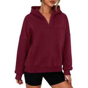 imagePRETTYGARDEN Womens Hoodies Cropped Fleece Sweatshirts 2025 Fall Fashion Quarter Zip Pullover Long Sleeve Tops Winter ClothesBurgundy