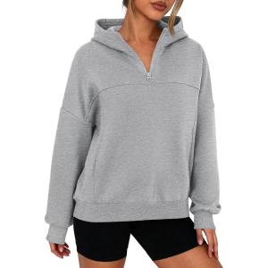 imagePRETTYGARDEN Womens Hoodies Cropped Fleece Sweatshirts 2025 Fall Fashion Quarter Zip Pullover Long Sleeve Tops Winter ClothesGrey