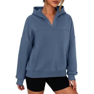 imagePRETTYGARDEN Womens Hoodies Cropped Fleece Sweatshirts 2025 Fall Fashion Quarter Zip Pullover Long Sleeve Tops Winter ClothesGrey Blue