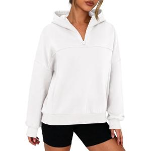 imagePRETTYGARDEN Womens Hoodies Cropped Fleece Sweatshirts 2025 Fall Fashion Quarter Zip Pullover Long Sleeve Tops Winter ClothesWhite