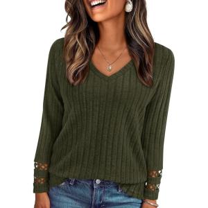imagePRETTYGARDEN Womens Long Sleeve Shirts Ribbed Knit V Neck Tee Dressy Casual Blouses Going Out Tunic Tops 2025 Fall OutfitsArmy Green