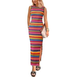 imagePRETTYGARDEN Womens Maxi Tank Spring Dress Sleeveless Crew Neck Striped Side Slit Casual Long Bodycon DressesArmy Green