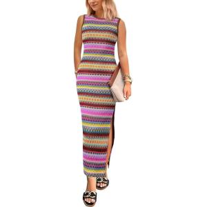 imagePRETTYGARDEN Womens Maxi Tank Spring Dress Sleeveless Crew Neck Striped Side Slit Casual Long Bodycon DressesBrown Red