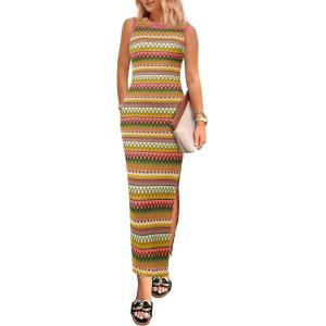 imagePRETTYGARDEN Womens Maxi Tank Spring Dress Sleeveless Crew Neck Striped Side Slit Casual Long Bodycon DressesGrass Green