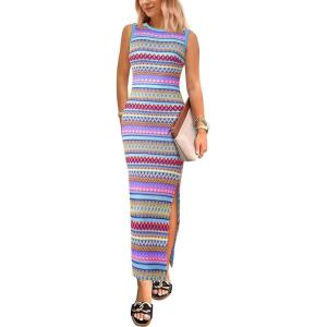 imagePRETTYGARDEN Womens Maxi Tank Spring Dress Sleeveless Crew Neck Striped Side Slit Casual Long Bodycon DressesLight Blue