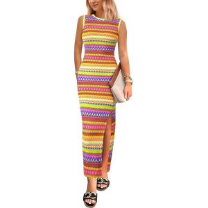imagePRETTYGARDEN Womens Maxi Tank Spring Dress Sleeveless Crew Neck Striped Side Slit Casual Long Bodycon DressesYellow