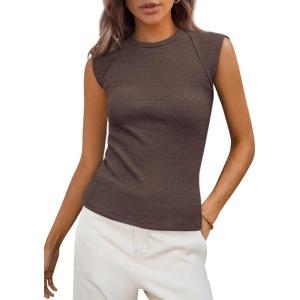 imagePRETTYGARDEN Womens Ribbed Tank Tops 2025 Summer Cap Sleeve Slim Fitted Knit Basic Casual Tee Shirts Trendy Fashion ClothesDark Coffee