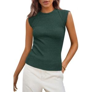 imagePRETTYGARDEN Womens Ribbed Tank Tops 2025 Summer Cap Sleeve Slim Fitted Knit Basic Casual Tee Shirts Trendy Fashion ClothesDark Green