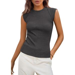 imagePRETTYGARDEN Womens Ribbed Tank Tops 2025 Summer Cap Sleeve Slim Fitted Knit Basic Casual Tee Shirts Trendy Fashion ClothesDark Grey