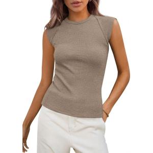 imagePRETTYGARDEN Womens Ribbed Tank Tops 2025 Summer Cap Sleeve Slim Fitted Knit Basic Casual Tee Shirts Trendy Fashion ClothesDark Khaki