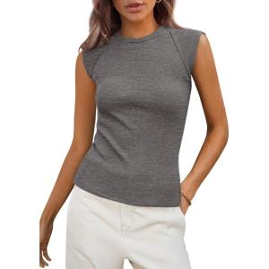 imagePRETTYGARDEN Womens Ribbed Tank Tops 2025 Summer Cap Sleeve Slim Fitted Knit Basic Casual Tee Shirts Trendy Fashion ClothesGrey