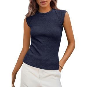 imagePRETTYGARDEN Womens Ribbed Tank Tops 2025 Summer Cap Sleeve Slim Fitted Knit Basic Casual Tee Shirts Trendy Fashion ClothesNavy