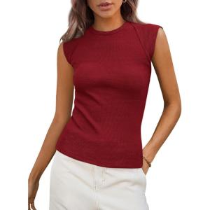 imagePRETTYGARDEN Womens Ribbed Tank Tops 2025 Summer Cap Sleeve Slim Fitted Knit Basic Casual Tee Shirts Trendy Fashion ClothesWine Red