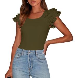 imagePRETTYGARDEN Womens Ruffle Short Sleeve Shirts 2025 Summer Casual Basic Tee Cute Fitted Crew Neck Fashion Tops ClothesArmy Green