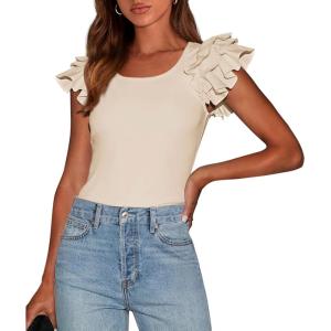 imagePRETTYGARDEN Womens Ruffle Short Sleeve Shirts 2025 Summer Casual Basic Tee Cute Fitted Crew Neck Fashion Tops ClothesBeige