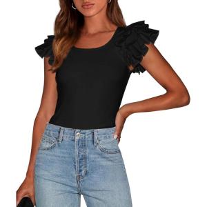 imagePRETTYGARDEN Womens Ruffle Short Sleeve Shirts 2025 Summer Casual Basic Tee Cute Fitted Crew Neck Fashion Tops ClothesBlack