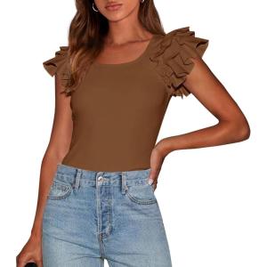 imagePRETTYGARDEN Womens Ruffle Short Sleeve Shirts 2025 Summer Casual Basic Tee Cute Fitted Crew Neck Fashion Tops ClothesBrown