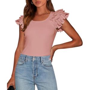 imagePRETTYGARDEN Womens Ruffle Short Sleeve Shirts 2025 Summer Casual Basic Tee Cute Fitted Crew Neck Fashion Tops ClothesDusty Pink