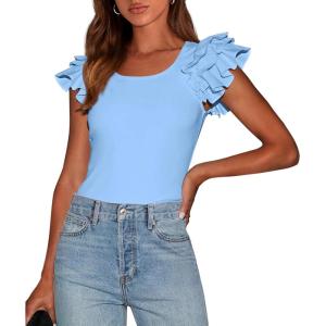 imagePRETTYGARDEN Womens Ruffle Short Sleeve Shirts 2025 Summer Casual Basic Tee Cute Fitted Crew Neck Fashion Tops ClothesLight Blue