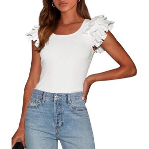 imagePRETTYGARDEN Womens Ruffle Short Sleeve Shirts 2025 Summer Casual Basic Tee Cute Fitted Crew Neck Fashion Tops ClothesWhite