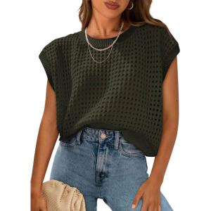 imagePRETTYGARDEN Womens Spring Tops 2025 Summer Shirts Crochet Cap Sleeve Sweater Pullover Cute Beach Vacation ClothesArmy Green