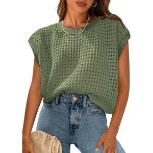 imagePRETTYGARDEN Womens Spring Tops 2025 Summer Shirts Crochet Cap Sleeve Sweater Pullover Cute Beach Vacation ClothesBean Green