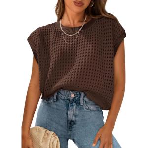 imagePRETTYGARDEN Womens Spring Tops 2025 Summer Shirts Crochet Cap Sleeve Sweater Pullover Cute Beach Vacation ClothesCoffee