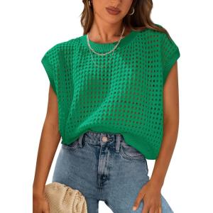 imagePRETTYGARDEN Womens Spring Tops 2025 Summer Shirts Crochet Cap Sleeve Sweater Pullover Cute Beach Vacation ClothesGreen