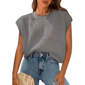 imagePRETTYGARDEN Womens Spring Tops 2025 Summer Shirts Crochet Cap Sleeve Sweater Pullover Cute Beach Vacation ClothesGrey