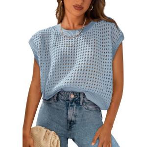 imagePRETTYGARDEN Womens Spring Tops 2025 Summer Shirts Crochet Cap Sleeve Sweater Pullover Cute Beach Vacation ClothesLight Blue