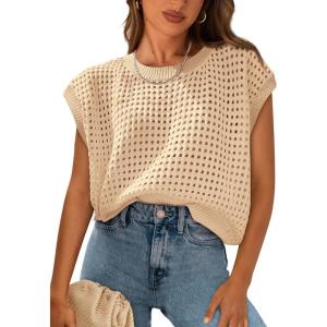 imagePRETTYGARDEN Womens Spring Tops 2025 Summer Shirts Crochet Cap Sleeve Sweater Pullover Cute Beach Vacation ClothesLight Khaki
