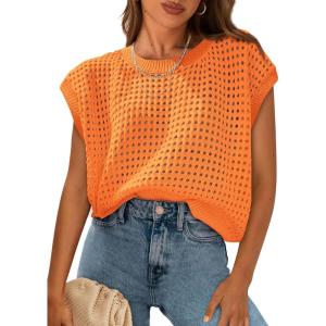 imagePRETTYGARDEN Womens Spring Tops 2025 Summer Shirts Crochet Cap Sleeve Sweater Pullover Cute Beach Vacation ClothesOrange