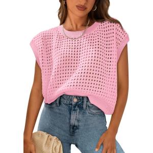 imagePRETTYGARDEN Womens Spring Tops 2025 Summer Shirts Crochet Cap Sleeve Sweater Pullover Cute Beach Vacation ClothesPink