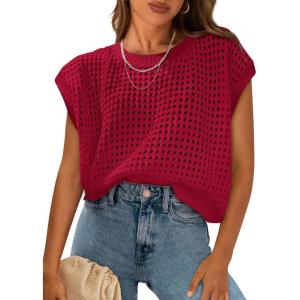 imagePRETTYGARDEN Womens Spring Tops 2025 Summer Shirts Crochet Cap Sleeve Sweater Pullover Cute Beach Vacation ClothesRed