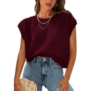 imagePRETTYGARDEN Womens Spring Tops 2025 Summer Shirts Crochet Cap Sleeve Sweater Pullover Cute Beach Vacation ClothesWine Red